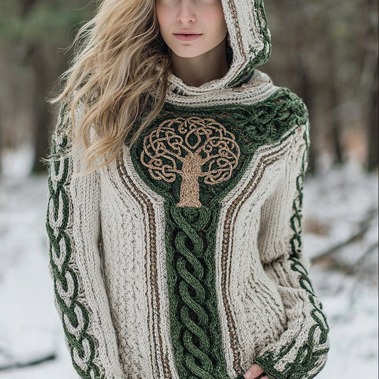 Vintage Tree Of Life Viking Inspired Cozy Knit Hooded Sweater artswardrobe
