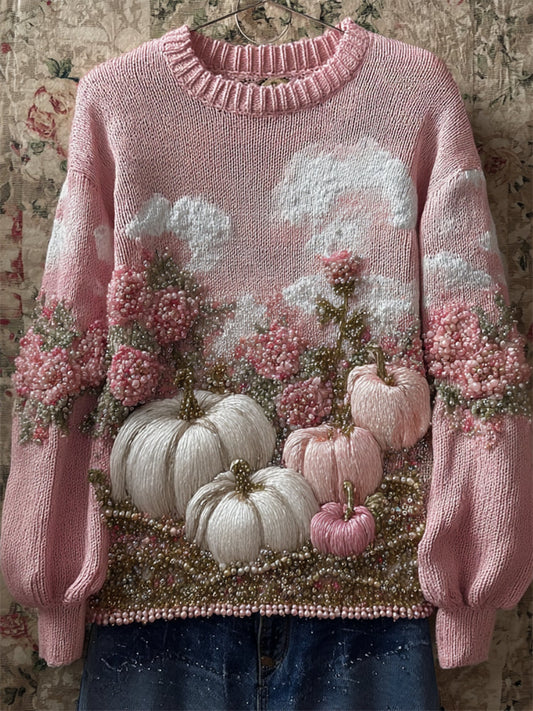 Thanksgiving Pumpkins Pink Floral Beaded Cozy Knit Sweater elevenforest