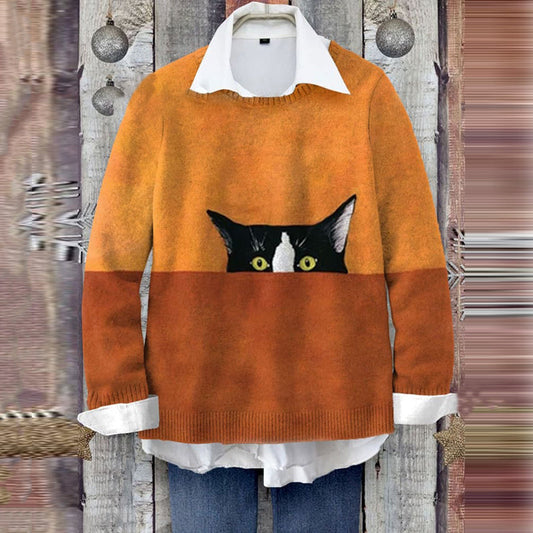 Comstylish Abstract Black Cat Art Print Knit Cozy Sweater