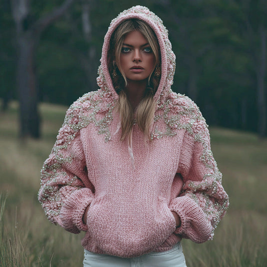 Comstylish Women's Pink Flower Embroidery Art Long Sleeve Hoodie Sweater