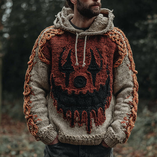 Men's Halloween Devil Smiling Face Color-blocked Warm Knitted Hooded Sweater elevenforest