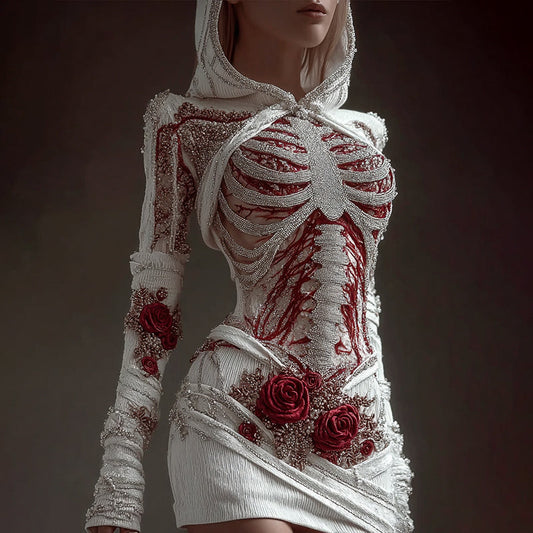 Comstylish Women's Skeleton Roses Bandages Knit Hooded Mini Sweater Dress