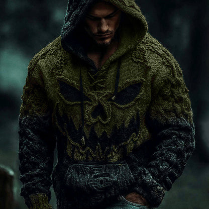 Men's Halloween Pumpkin Face Gradient Jacquard Knit Hooded Sweater artswardrobe
