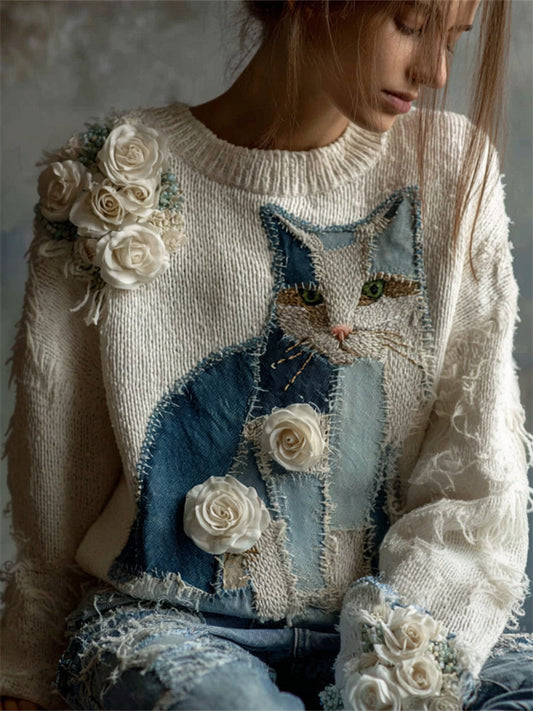 Comstylish Vintage Cat Denim Patchwork White Roses Cozy Knit Sweater