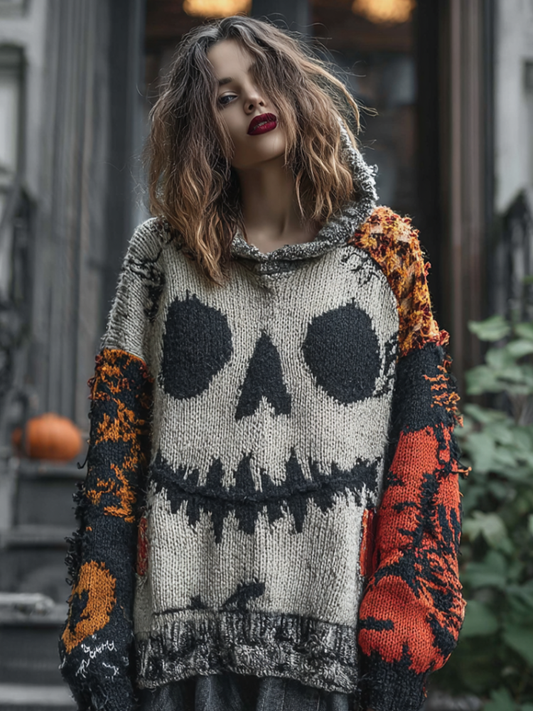 Halloween Dark Gothic Style Pumpkin Face Pattern Hooded Knit Sweater elevenforest