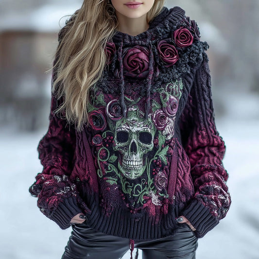 Women's Halloween Skull And Roses Knitted Hooded Sweater elevenforest