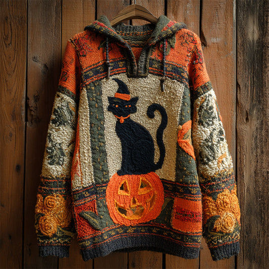 Halloween Black Cat With Hat & Pumpkin Women's Knit Hooded Sweater elevenforest