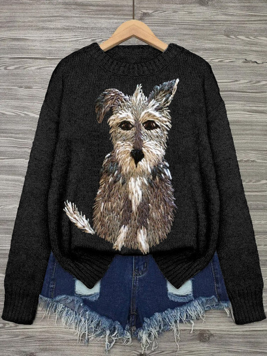 Comstylish Lovely Dog Embroidered Cozy Knit Sweater