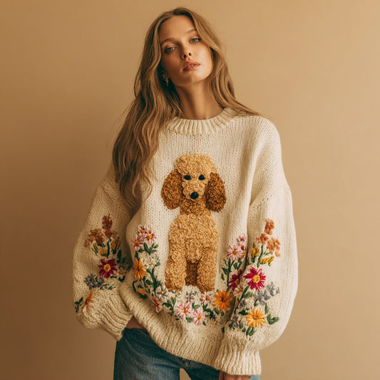 Vintage Fuzzy Dog Colorful Wildflower Embroidery Crochet Cozy Knit Sweater elevenforest