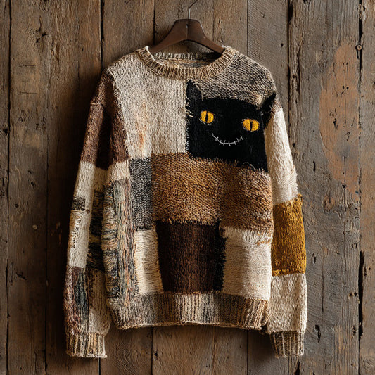 Halloween Abstract Black Cat Smiling Face Contrast Stitched Cozy Knit Sweater elevenforest