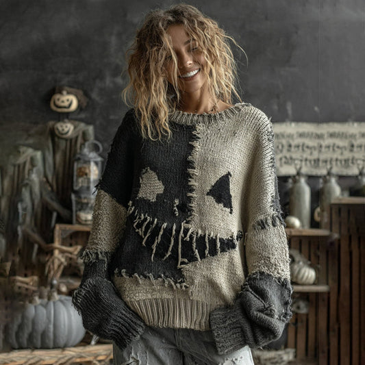 Women's Halloween Pumpkin Face Patchwork Cozy Knit Sweater elevenforest