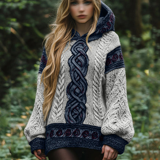 Women's Irish Celtic Knot Jacquard Hooded Sweater elevenforest