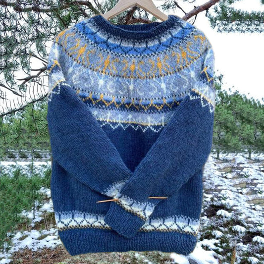 Vintage Icelandic Knit Jacquard Warmth Blue Crew Neck Sweater（Unisex） elevenforest