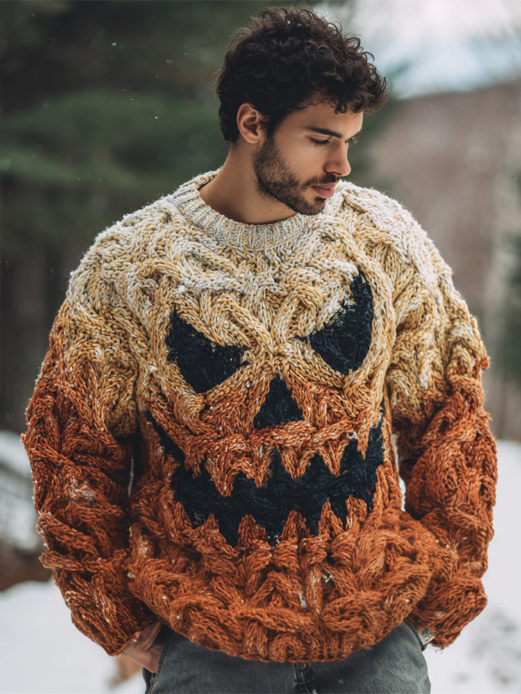 Halloween Evil Pumpkin Light Emoji Men's Chunky Knit Crew Neck Sweater artswardrobe