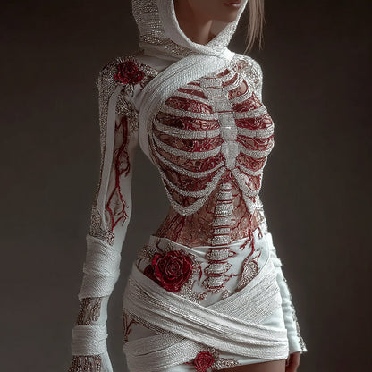 Comstylish Women's Skeleton Roses Bandages Art Cozy Knit Hooded Mini Sweater Dress