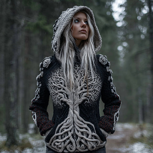 Women's Viking Style Tree Of Life Black And White Warm Hooded Sweater artswardrobe