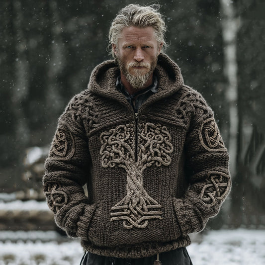 Men's Vintage Celtic Tree Of Life Jacquard Half Zip Aran Sweater elevenforest