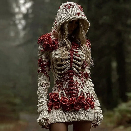 Comstylish Women's Vintage Skeleton Red Rose Art Knit Mini Sweater Dress