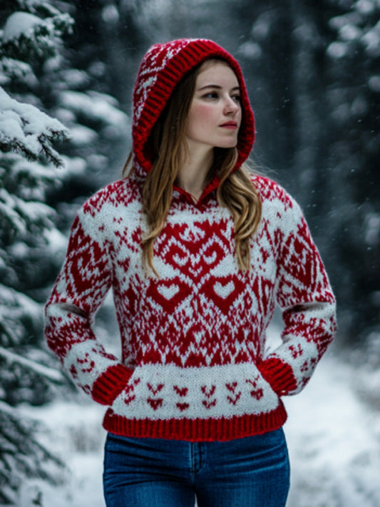 Women's Vintage Viking Valentine's Day Love Jacquard Hooded Sweater elevenforest