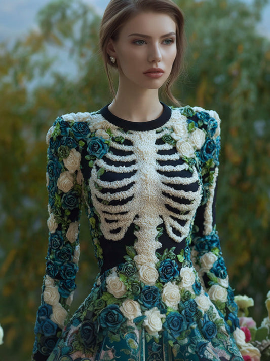 Comstylish Women's Vintage Halloween Skeleton Bones With Rose Art Cozy Knit Mini Sweater Dress