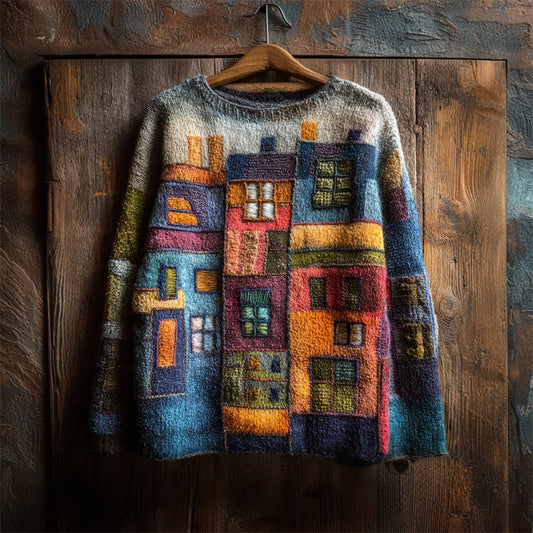 Colorful Street Building Inspired Colorblock Cozy Knit Sweater elevenforest