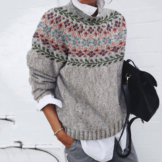 Retro Geometric Floral Knitted Print Cozy Sweater elevenforest