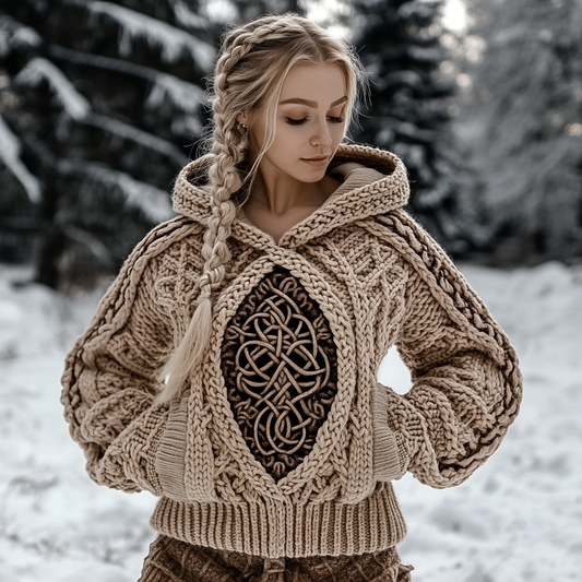 Women's Viking Tree Of Life Jacquard Celtic Knit Hooded Sweater elevenforest