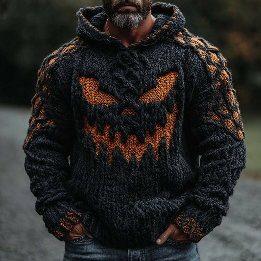 Men's Halloween Pumpkin Face Celtic Knot Chunky Hooded Sweater elevenforest