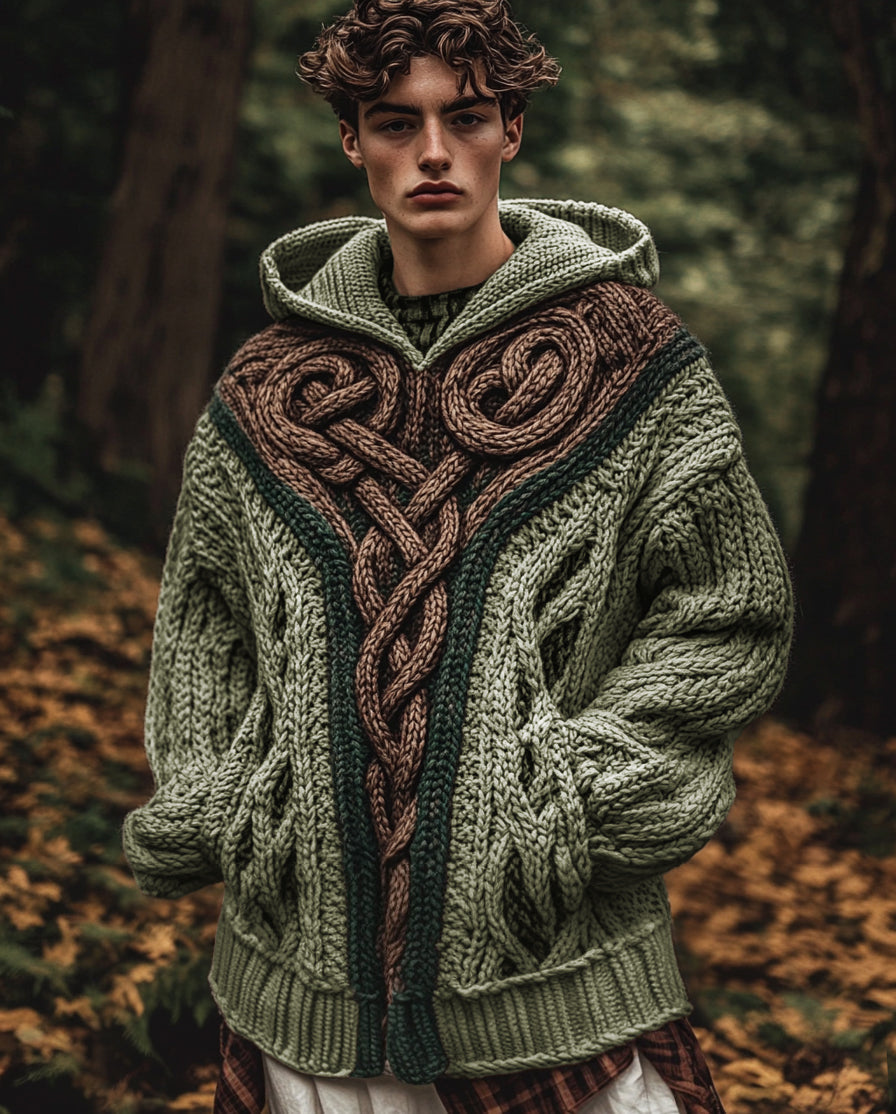 Men's Vintage Irish Celtic Knot Jacquard Mottled Hooded Sweater elevenforest