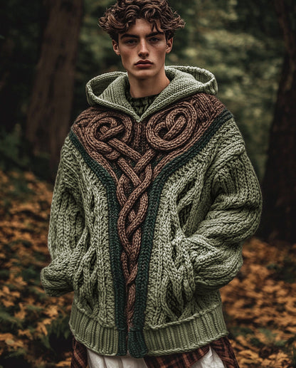 Men's Vintage Irish Celtic Knot Jacquard Mottled Hooded Sweater elevenforest