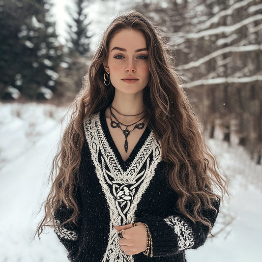Women's Viking Style Celtic Knot V Neck Knitted Sweater elevenforest