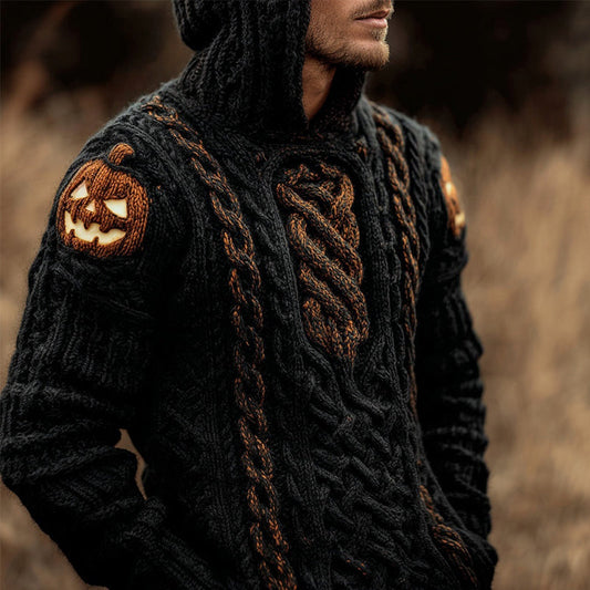 Men's Halloween Pumpkin Face Jacquard Chunky Hooded Sweater elevenforest