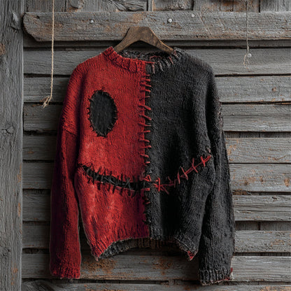 Halloween Spooky Face Contrast Stitched Cozy Knit Sweater elevenforest