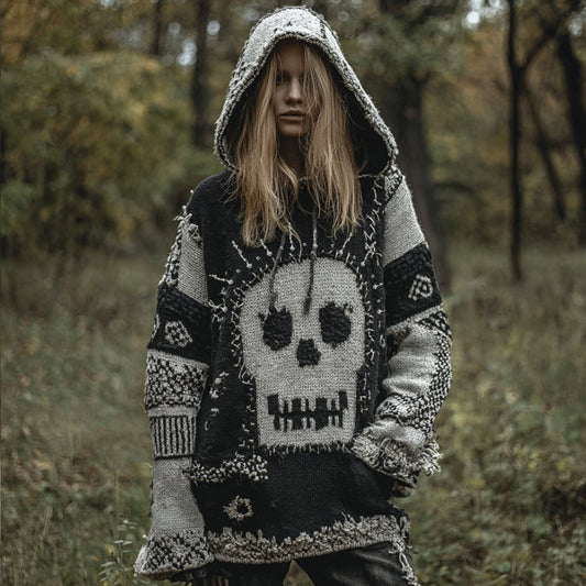 Women's Vintage And Quirky Skull Patchwork Pattern Vintage Hooded Sweater artswardrobe