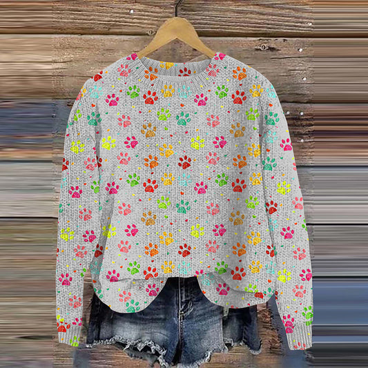 Comstylish Dog Paw Print Knitted Pullover Sweater