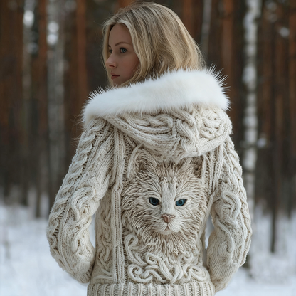 Comstylish Viking Retro Cat Design Women's Hooded Knit Sweater Jacket