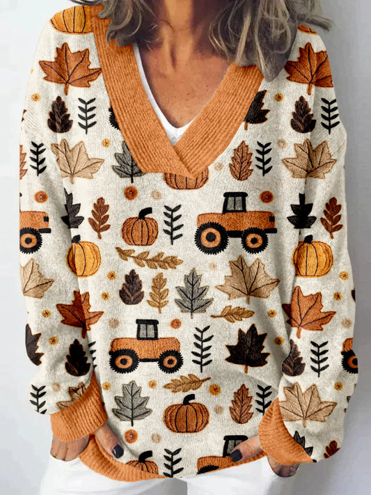 Fall Tractor & Pumpkins Embroidery Cozy Knit Sweater artswardrobe