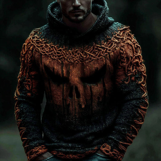 Viking Halloween Pumpkin Skull Men's Knit Twist Hooded Sweater elevenforest