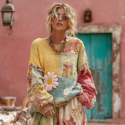 Flower Embroidery Macaroon Color Patchwork Art Cozy Sweater artswardrobe