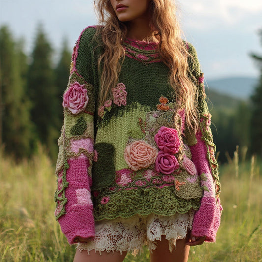 Vintage Roses Embroidered Colorblock Cozy Knitted Sweater elevenforest