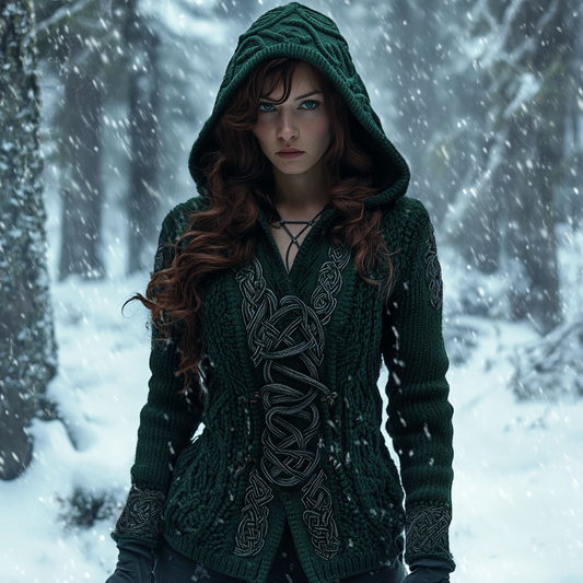 Women's Irish Celtic Knot Contrast Jacquard Hooded Sweater elevenforest