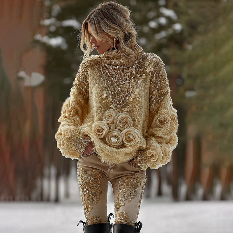 Women's Vintage Yellow Rose Art Knit Cozy High Neck Sweater artswardrobe
