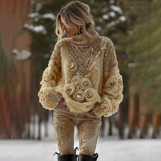 Comstylish Women's Vintage Yellow Rose Art Knit Cozy High Neck Sweater