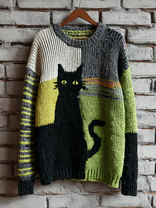 Comstylish Halloween Black Cat Colorblock Cozy Knitted Sweater