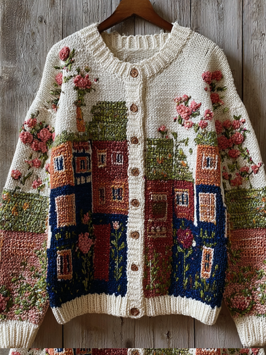 Bohemian Style Garden Pattern Design Women's Knitted Sweater Coat artswardrobe