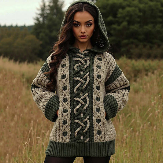 Women's Contrast Weave Jacquard Pocket Hooded Sweater artswardrobe