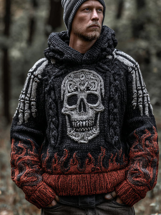 Men's Halloween Flame Skull Retro 3d Embroidery Hooded Sweater elevenforest