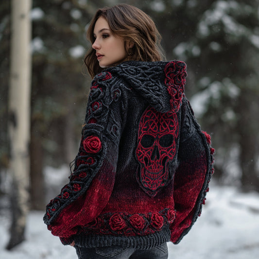 Women's Vintage Skull Floral Gradient Celtic Art Knit Hooded Sweater elevenforest