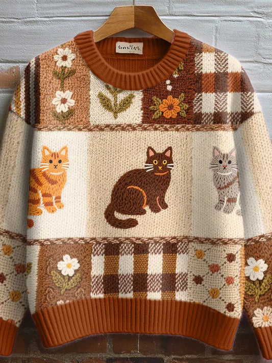 Comstylish Women's Fall Floral Cat Crochet Pattern Cozy Knit Sweater