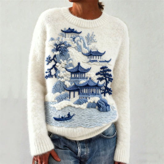 Comstylish Japanese Buildings Pine Trees Mountain Landscape Embroidered Cozy Sweater